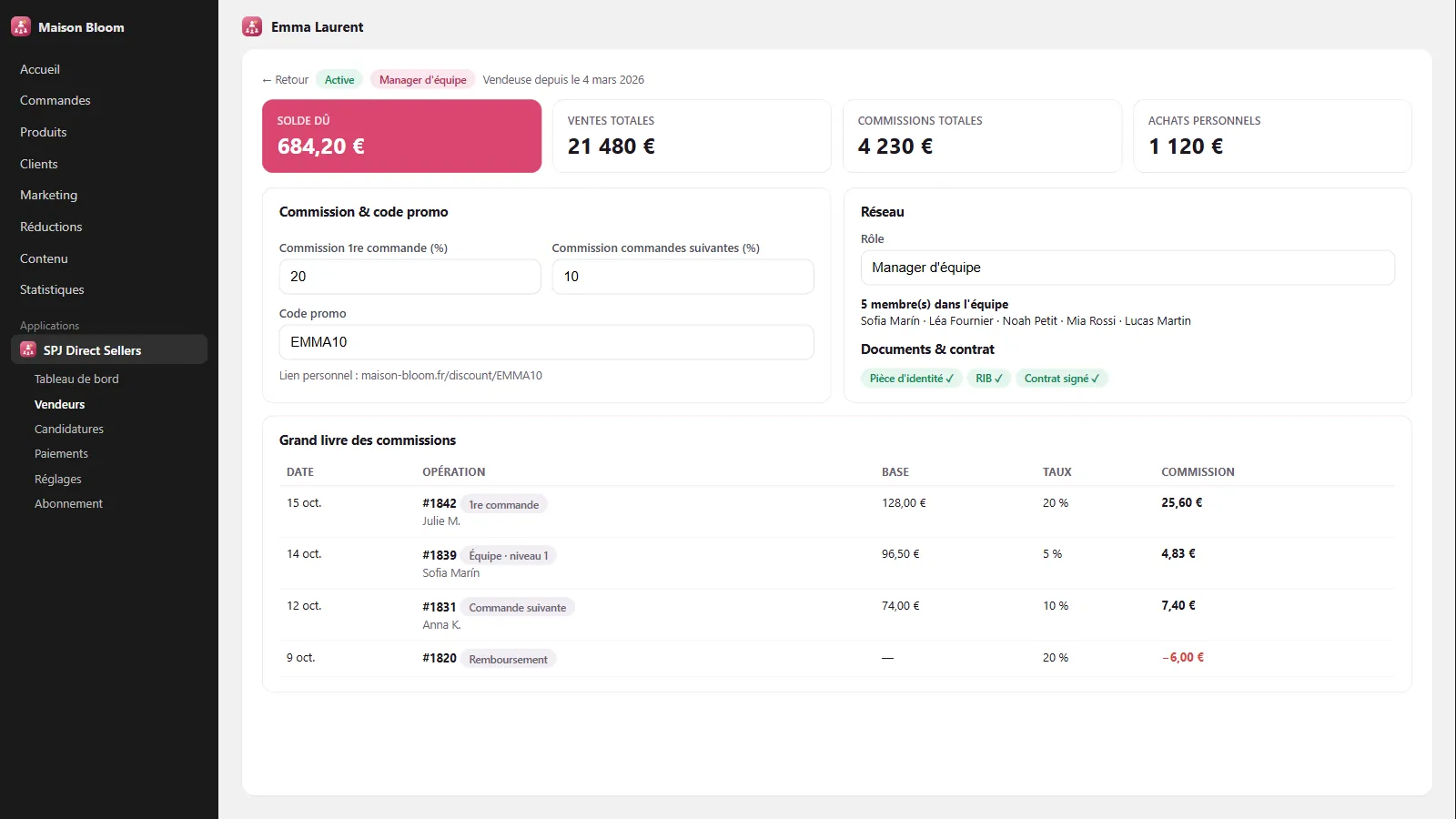 Fiche vendeur : taux de commission, équipe, documents et grand livre
