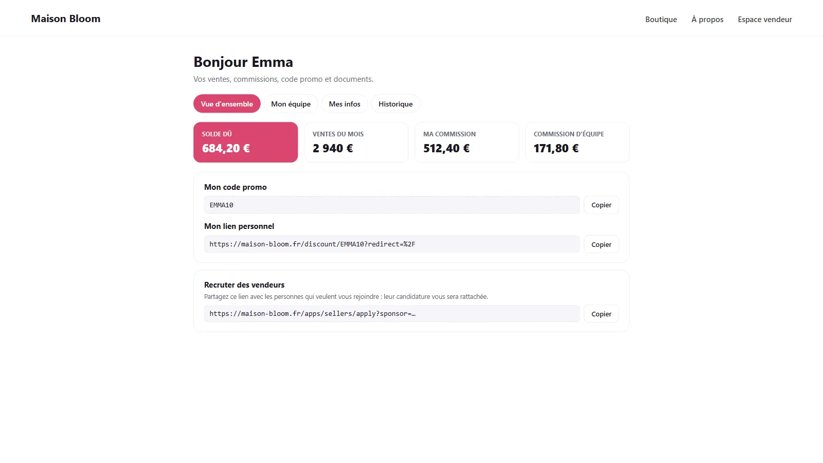 Espace vendeur sur la boutique : solde, code promo, liens